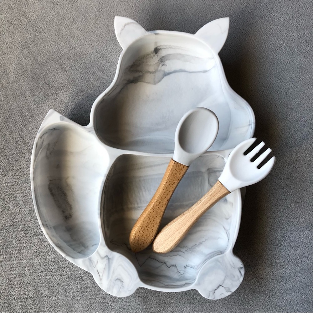 Fox Feeding Set ~ Silicone w/ Suction, Fork, Spoon ~ Marbled ~ Brand New!